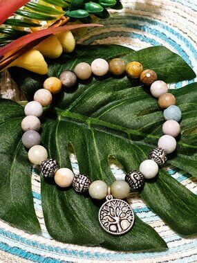 Coastal Boho Tree of Life Charm Bracelet Semi-Precious Stone & Silver Beaded NWT